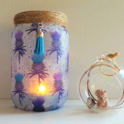 Scottish Thistle Decoupage Candle Holder, Upcycled Glass Jar Lamp - thumbnail 2