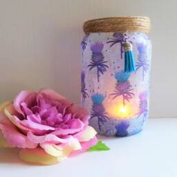 Scottish Thistle Decoupage Candle Holder, Upcycled Glass Jar Lamp - thumbnail 3