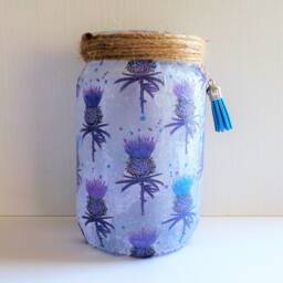 Scottish Thistle Decoupage Candle Holder, Upcycled Glass Jar Lamp - thumbnail 4