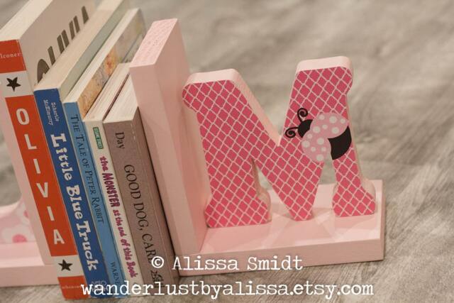 Ladybug Letter Bookends, Pink Initial Wooden Bookends - Custom Created - Pink, Alphabet Bookends, Name Bookends - image 1
