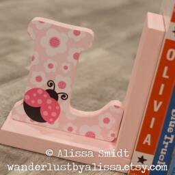 Ladybug Letter Bookends, Pink Initial Wooden Bookends - Custom Created - Pink, Alphabet Bookends, Name Bookends - thumbnail 3