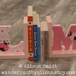 Ladybug Letter Bookends, Pink Initial Wooden Bookends - Custom Created - Pink, Alphabet Bookends, Name Bookends - thumbnail 2
