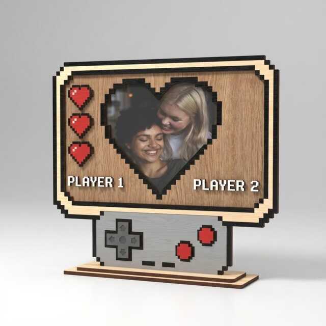 Personalized Wooden Gamer Photo Frame Player 1 2 Retro Gaming Decor Wedding Anniversary Gift Heart Pixel Art 8-Bit Picture - image 1