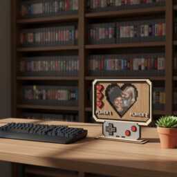 Personalized Wooden Gamer Photo Frame Player 1 2 Retro Gaming Decor Wedding Anniversary Gift Heart Pixel Art 8-Bit Picture - thumbnail 2