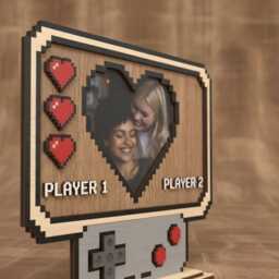 Personalized Wooden Gamer Photo Frame Player 1 2 Retro Gaming Decor Wedding Anniversary Gift Heart Pixel Art 8-Bit Picture - thumbnail 3