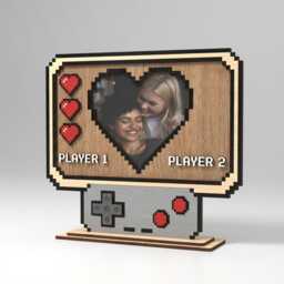 Personalized Wooden Gamer Photo Frame Player 1 2 Retro Gaming Decor Wedding Anniversary Gift Heart Pixel Art 8-Bit Picture - thumbnail 1