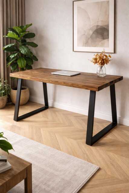 Wooden Desk - Home Office Rustic Trapezium Leg, Computer Industrial Solid Wood Chunky Handmade Work Fromhome - image 1