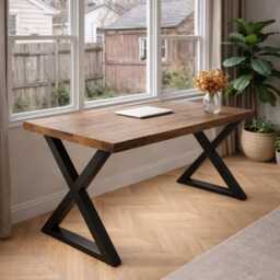 Wooden Desk - Home Office Rustic Trapezium Leg, Computer Industrial Solid Wood Chunky Handmade Work Fromhome - thumbnail 3