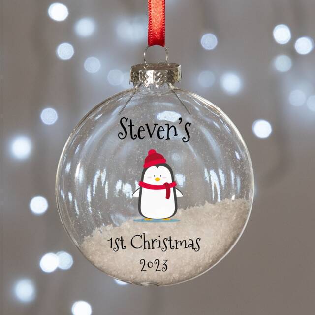 Baby's 1st Christmas Penguin Snowy Glass Bauble Tree Decoration - image 1