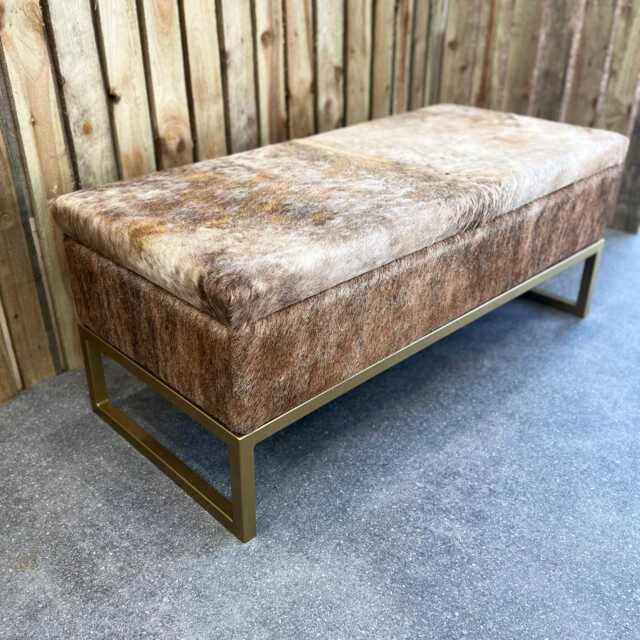 Premium Handmade Cowhide & Steel Storage Ottoman Bench With Hinged Lid - B - image 1