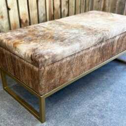 Premium Handmade Cowhide & Steel Storage Ottoman Bench With Hinged Lid - B - thumbnail 3