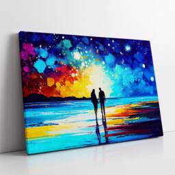 Couple Walking Beach Starry Night Abstract Oil Painting Style Wall Art, Framed Canvas Poster Print, Home Kitchen Office Room Decor, Gifts - thumbnail 2