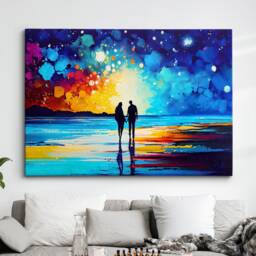 Couple Walking Beach Starry Night Abstract Oil Painting Style Wall Art, Framed Canvas Poster Print, Home Kitchen Office Room Decor, Gifts - thumbnail 1
