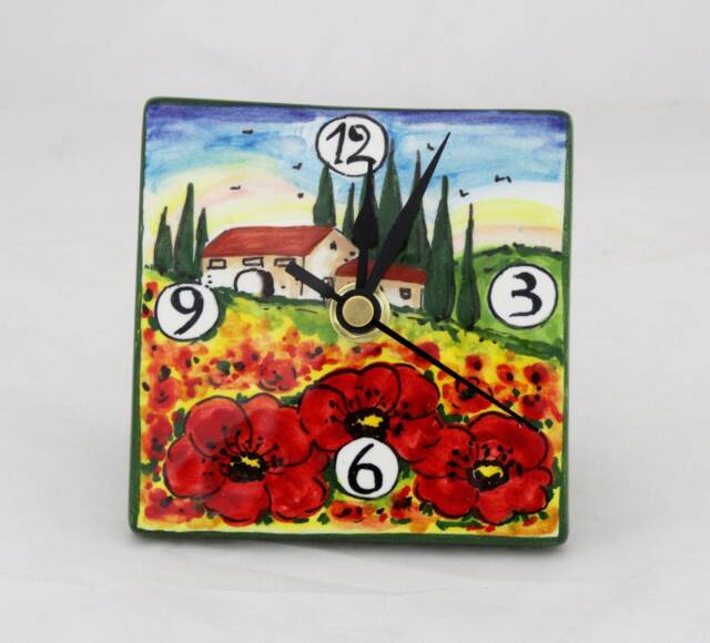 Italian Ceramic Desk Or Wall Clock With Tuscan Poppies Landscape, Hand Painted Table Made in Italy - image 1