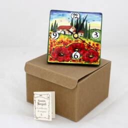 Italian Ceramic Desk Or Wall Clock With Tuscan Poppies Landscape, Hand Painted Table Made in Italy - thumbnail 3