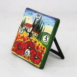Italian Ceramic Desk Or Wall Clock With Tuscan Poppies Landscape, Hand Painted Table Made in Italy - thumbnail 2
