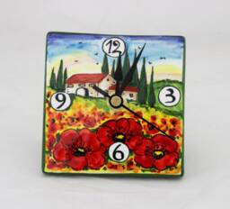 Italian Ceramic Desk Or Wall Clock With Tuscan Poppies Landscape, Hand Painted Table Made in Italy - thumbnail 1