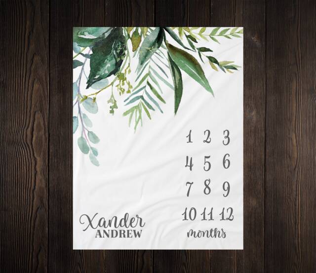 Eucalyptus Greenery Milestone Blanket, Monthly Growth Tracker, Personalized Baby Custom Shower Gift, New Gift - image 1