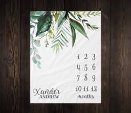 Eucalyptus Greenery Milestone Blanket, Monthly Growth Tracker, Personalized Baby Custom Shower Gift, New Gift - thumbnail 1