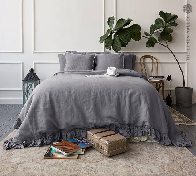 Charcoal Grey Linen Comforter Cover -Shabby Chic Bedding-Ruffled Charcoal Queen/King Size Doona Cover - Queen - image 1