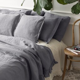Charcoal Grey Linen Comforter Cover -Shabby Chic Bedding-Ruffled Charcoal Queen/King Size Doona Cover - Queen - thumbnail 3