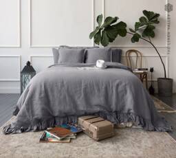 Charcoal Grey Linen Comforter Cover -Shabby Chic Bedding-Ruffled Charcoal Queen/King Size Doona Cover - Queen - thumbnail 1