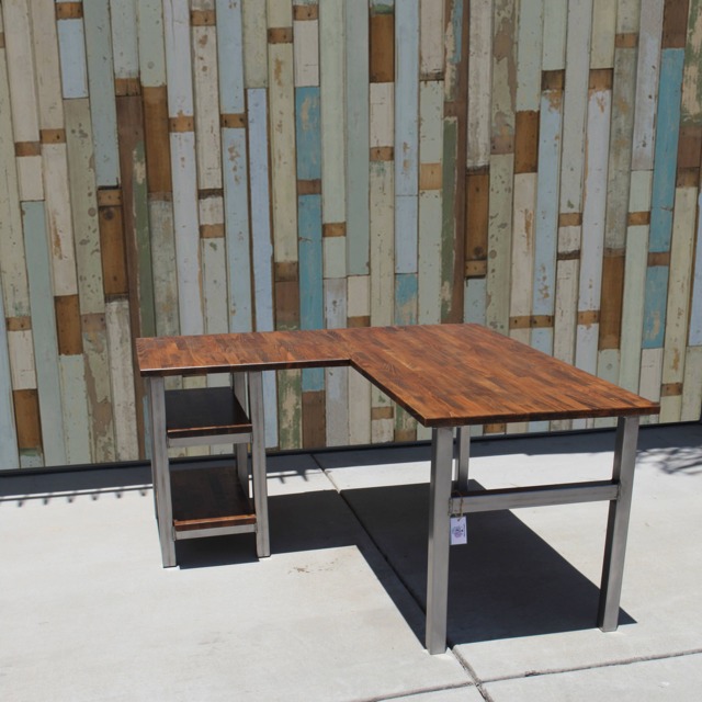 L-Shaped Solid Wood Butcher Block Desk With Steel Legs & Shelves - image 1