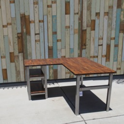 L-Shaped Solid Wood Butcher Block Desk With Steel Legs & Shelves - thumbnail 1