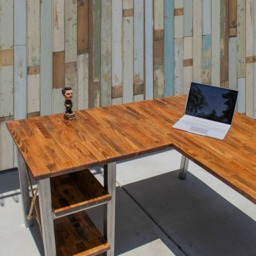 L-Shaped Solid Wood Butcher Block Desk With Steel Legs & Shelves - thumbnail 2