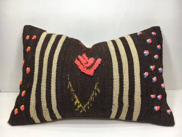 Vintage Turkish Kilim Pillow, Handwoven Lumbar Cushion - 16x24 - image 1