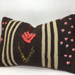 Vintage Turkish Kilim Pillow, Handwoven Lumbar Cushion - 16x24 - thumbnail 2