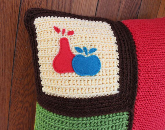 Crochet Throw Pillow Yellow/Green/Brown/Coral Apple & Pear, Decorative Pillow, 16 X - image 1