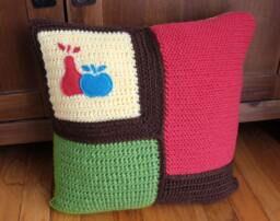 Crochet Throw Pillow Yellow/Green/Brown/Coral Apple & Pear, Decorative Pillow, 16 X - thumbnail 3