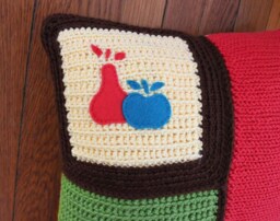 Crochet Throw Pillow Yellow/Green/Brown/Coral Apple & Pear, Decorative Pillow, 16 X - thumbnail 1