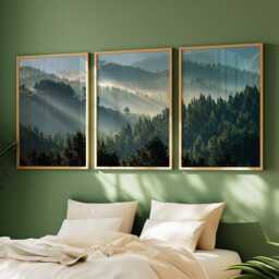 Forest Poster Set - Green Pine Tree Wall Art Misty Woodland Nature Print Vertical Three Piece Triptych - thumbnail 2
