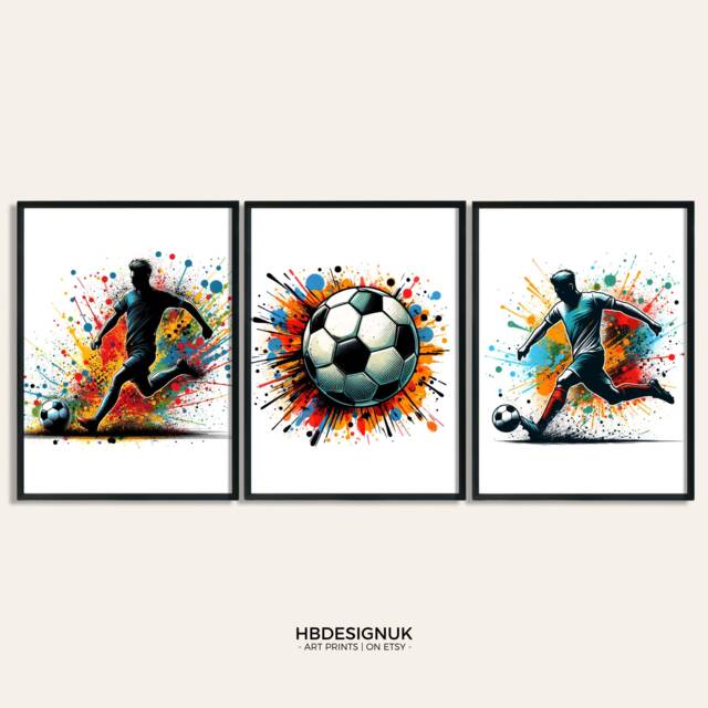 Set Of 3 Soccer Wall Art Prints - - Boys Bedroom Decor Gift Posters Colourful Football Print Poster - image 1