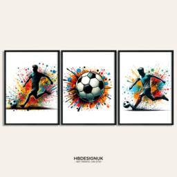 Set Of 3 Soccer Wall Art Prints - - Boys Bedroom Decor Gift Posters Colourful Football Print Poster - thumbnail 1