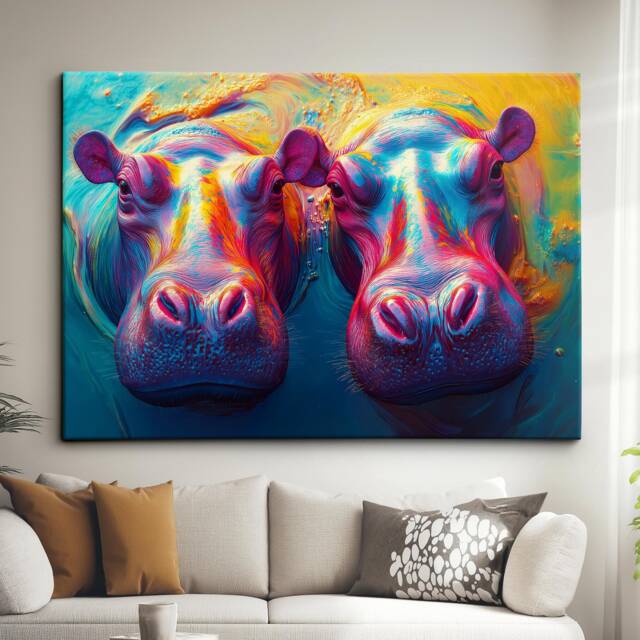 Abstract Rainbow Hippo Paint Splash Animal Art Oil Painting Framed Poster Print - Canvas Wall Living Home Decor Gifts - image 1