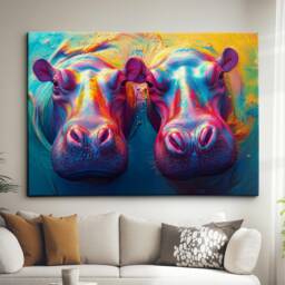 Abstract Rainbow Hippo Paint Splash Animal Art Oil Painting Framed Poster Print - Canvas Wall Living Home Decor Gifts - thumbnail 1