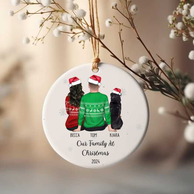 Our Family At Christmas Bauble, Personalised Couple & Dog Ceramic Gift - image 1