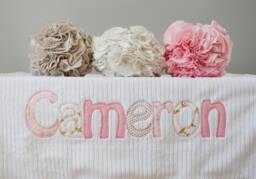 Monogrammed Baby Blanket in Glimmer, Minky & Chenille Personalized With Your Girl's Name Metallic Gold Pink Fabric Letters