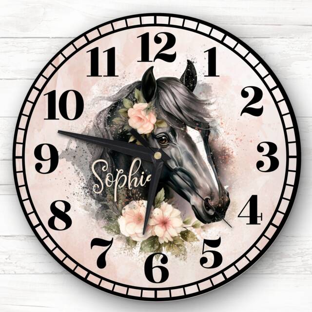 Floral Black Horses Girl's Room Custom Gift Personalised Clock - image 1