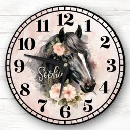 Floral Black Horses Girl's Room Custom Gift Personalised Clock - thumbnail 1