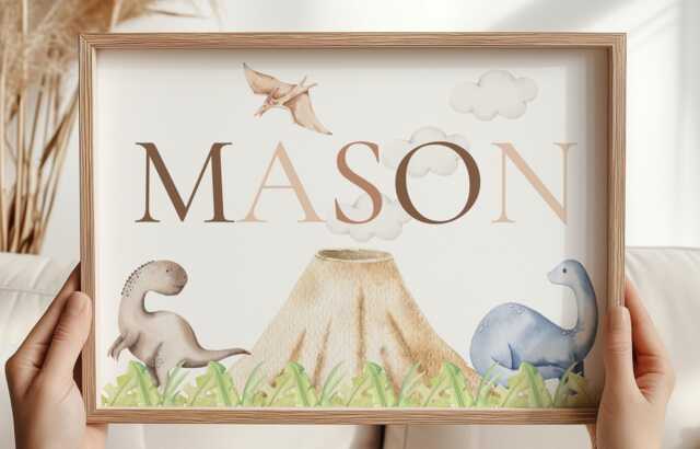 Dinosaur Personalised Baby Boy Nursery Unframed Poster Print, Boys Bedroom Decor, Wall Art - image 1