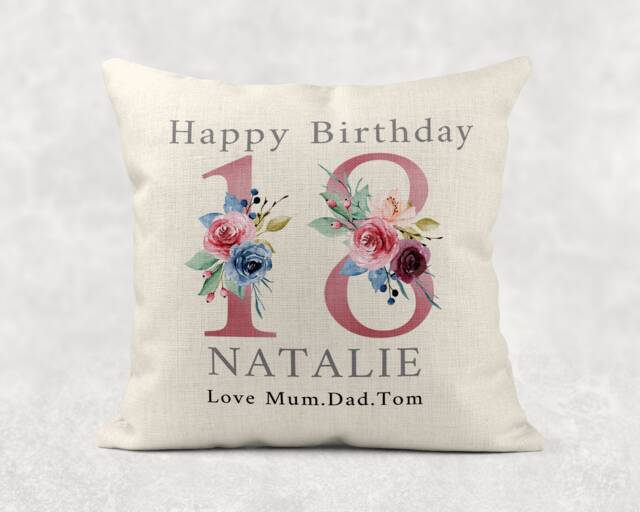 Personalised Floral 18Th Birthday Cushion Rose Linen Pillow Cover - image 1