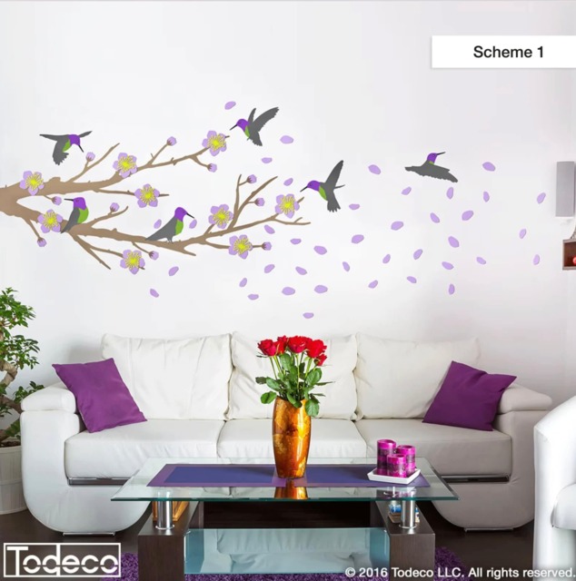 Cherry Blossom Branch Wall Decal Hummingbird Floral Art - image 1