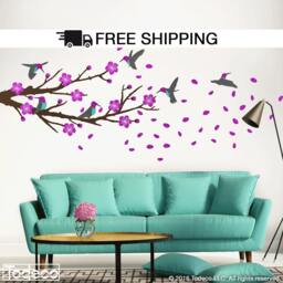Cherry Blossom Branch Wall Decal Hummingbird Floral Art - thumbnail 2