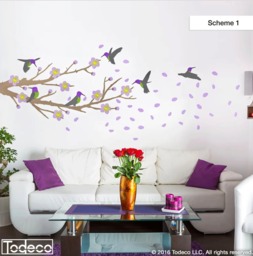 Cherry Blossom Branch Wall Decal Hummingbird Floral Art - thumbnail 1