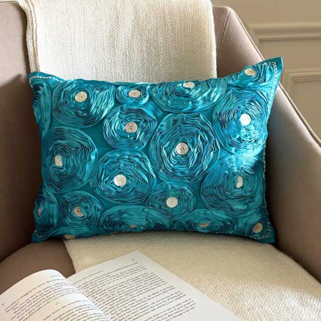 Aqua Blue Art Silk Ribbon Embroidered Rose With Mother Of Pearl Lumbar Pillow Cover, Modern Oblong Cushion Cover - Aquamarine Roses - image 1