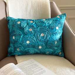 Aqua Blue Art Silk Ribbon Embroidered Rose With Mother Of Pearl Lumbar Pillow Cover, Modern Oblong Cushion Cover - Aquamarine Roses - thumbnail 1